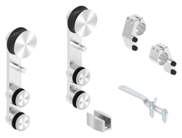 Glasschiebetürsystem, Set mit 2 Einzelrollwagen, Stopper, Bodenführung und Gabelschlüssel, V2A