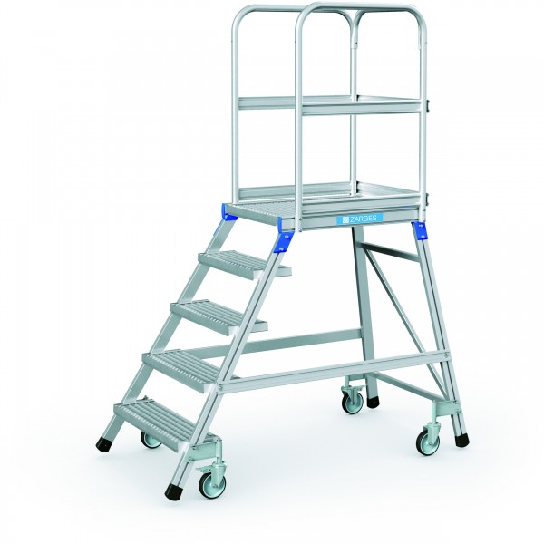Podesttreppe, fahrbar, einseitig begehbar, mit Stahl-Gitterrost-Stufen und Plattform