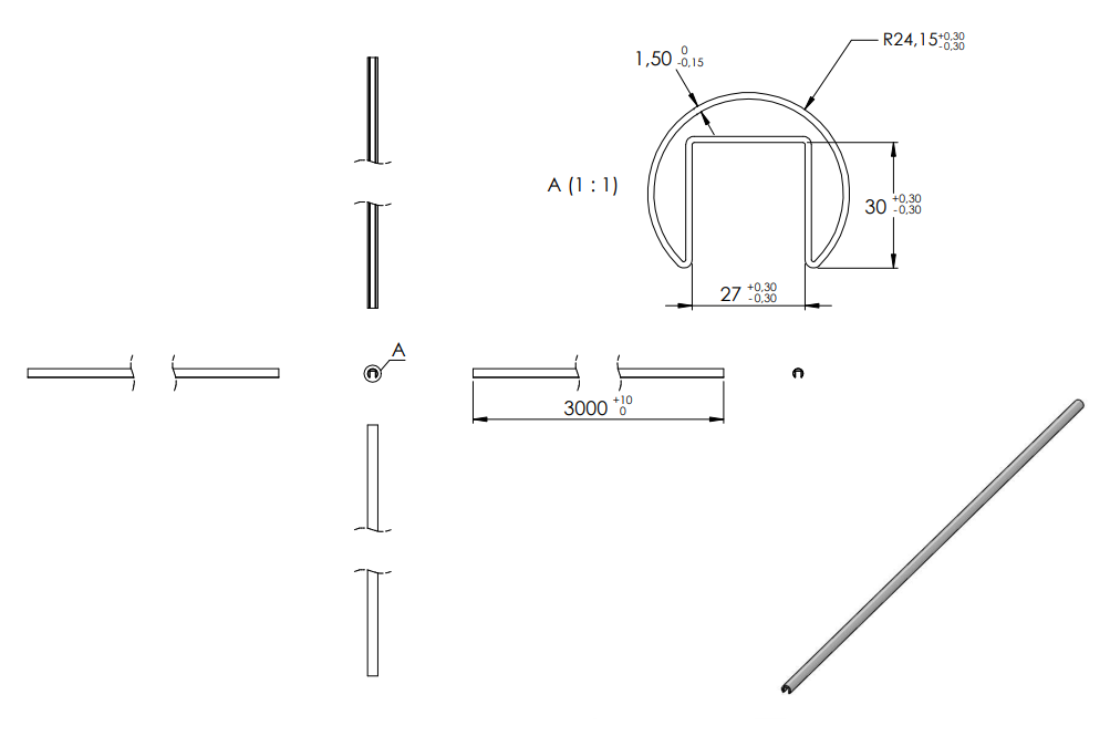 Edelstahl Nutrohr, Ø 30 x 1,5 mm, Nut 14 x 18 mm, 2,5 m Länge