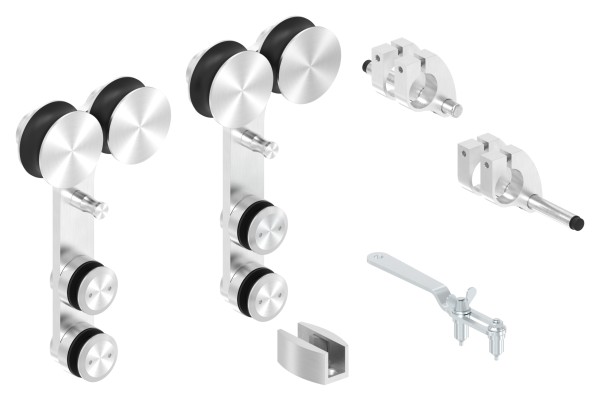 Glasschiebetürsystem, Set mit 2 Doppelrollwagen, Stopper, Bodenführung und Gabelschlüssel, V2A